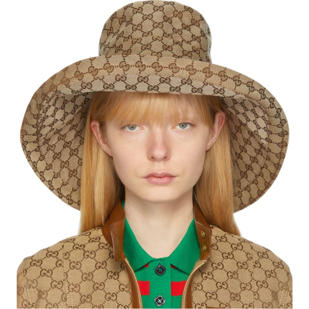 Gucci GG Monogram Bucket Hat Wide Large Brim Beige Tan Canvas Jacquard - Picture 3 of 15